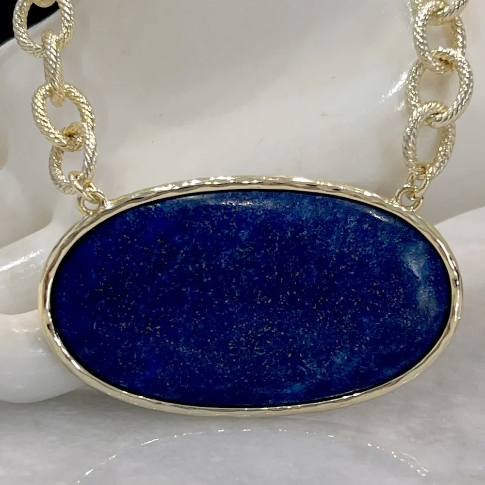 Lapis Lazuli Oval Pendant Fancy Chain Necklace - Picture 3 of 12